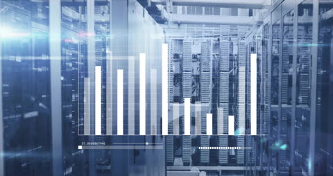 Financial Data Overlaid on Modern Server Room Background