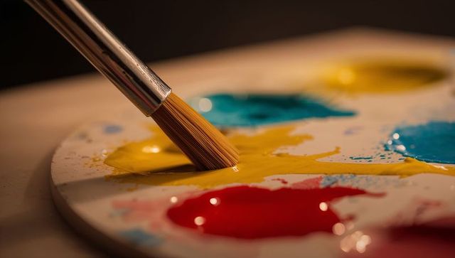 Dipping Round Paintbrush into Yellow Paint on White Palette Close-Up with Red and Teal Splashes