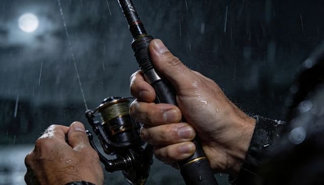 Gripping spinning rod and reel in driving rain under moonlight, rugged night fishing closeup