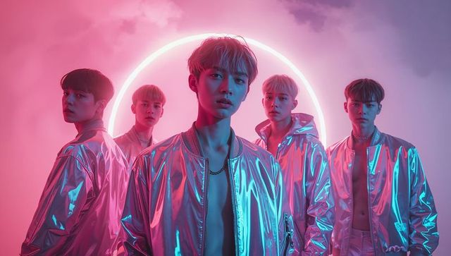 Futuristic Band in Neon Glow with Metallic Streetwear