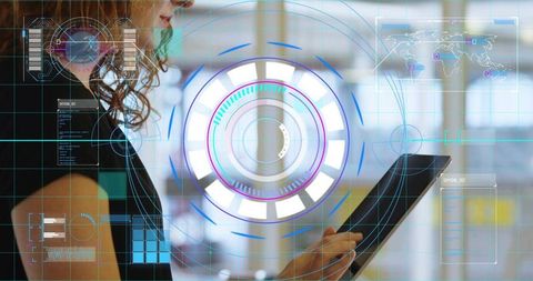 Woman holding tablet navigating futuristic circular hud interface for ar dashboard