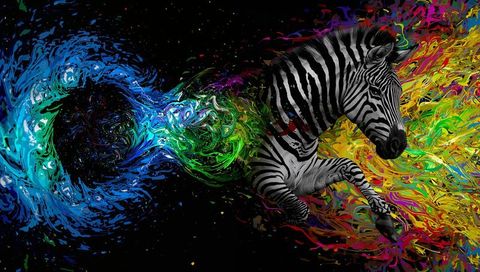 Leaping zebra breaking through colorful paint vortex with blue-green nebula swirl