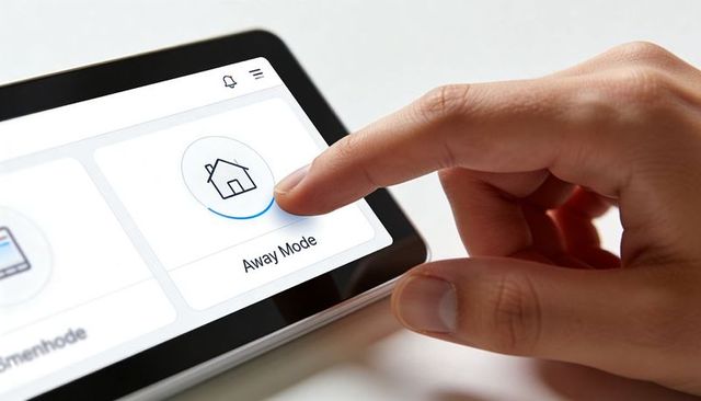 Finger Tapping Smart Tablet Selecting Away Mode on Touchscreen for Remote Security Control