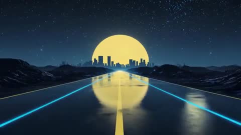Futuristic Highway Under Glowing Moon Leading to Cityscape