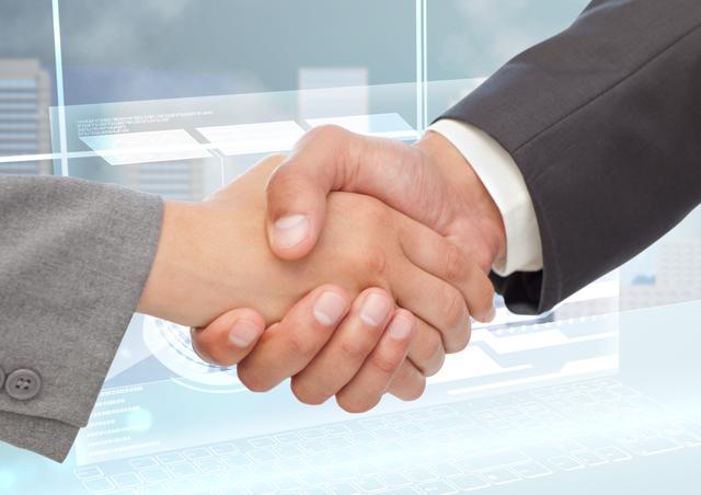 Businessman and businesswoman shaking hands in a digital environment, symbolizing successful partnership and collaboration. Ideal for use in business presentations, corporate websites, articles on professional networking, and promotional materials for business services.