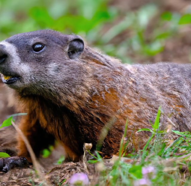 Groundhog lying in a lush green grass field, closely observing surroundings. Ideal for wildlife documentaries, educational content on animals, nature magazines, and conservation campaigns.