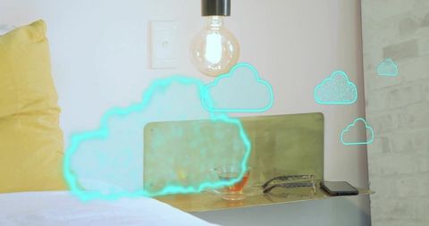 Holographic cyan cloud hovering above minimalist bedside with tea cup and glasses