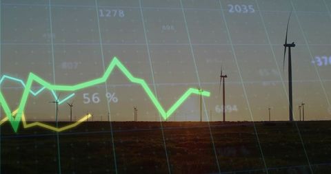 Green energy analytics visualizing wind farm performance with rising line graph overlay
