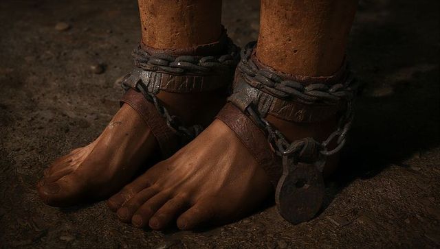 Bound bare feet with rusted shackles and chains on earthen floor, dark dungeon closeup