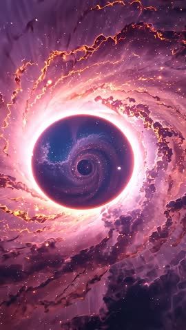 Pulsing cosmic core rotating in vortex, glowing rim pulling nebula into golden streaks