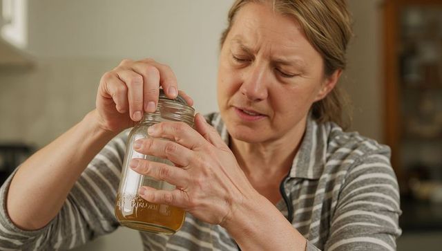 Middle-aged woman opening mason jar and inspecting amber liquid in kitchen closeup