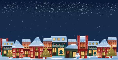 Transparent Winter Town with Snowflakes in Night Sky