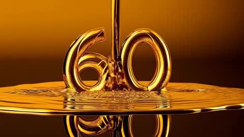Pouring Golden Liquid Forming Metallic Numerals 60 with Reflective Ripples and Symmetry