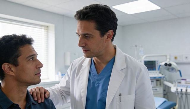 Physician placing hand on patient shoulder during compassionate consultation in medical exam room