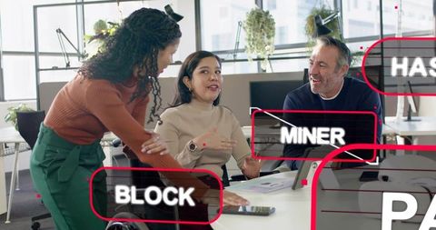 Team collaborating on blockchain strategy in modern office with block miner overlays