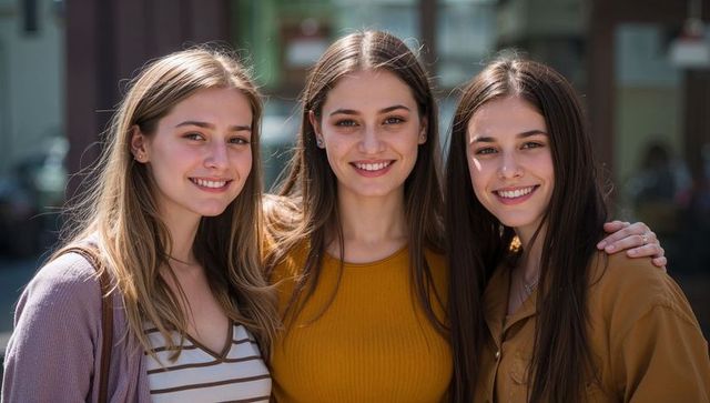 Three friends smiling warmly and linking arms in sunlit urban streetwear candid lifestyle