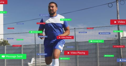 Football Player Running with Overlaid Social Media Icons