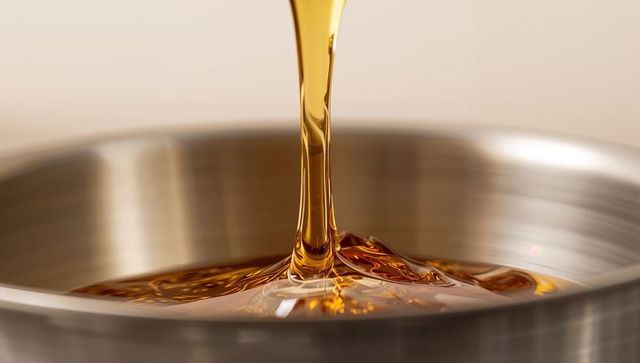 Pouring golden syrup forming glossy ripples in brushed steel bowl macro food texture