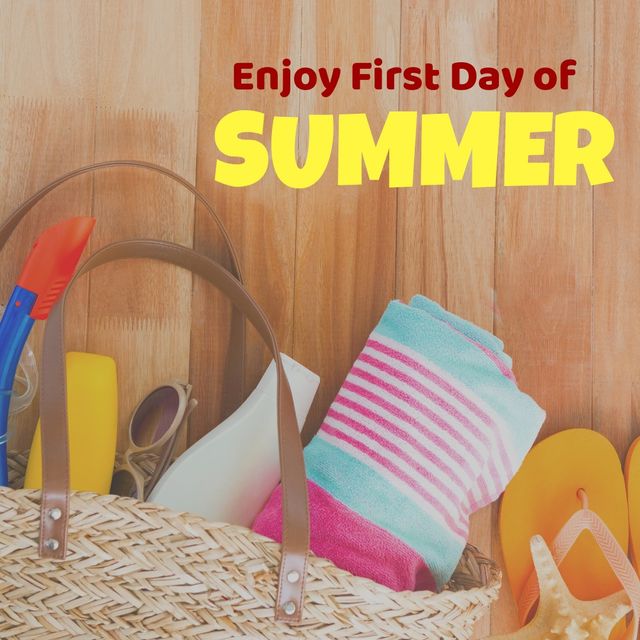 Straw bag filled with beach essentials including towel and slippers against wooden background with text 'Enjoy First Day of Summer'. Ideal for promotions, social media posts, travel blogs, summer event invitations, or holiday advertisement. Conveys joy and readiness for summer activities.
