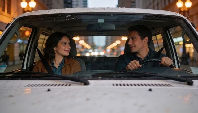 Couple sharing warm glance across wet windshield in rainy urban night drive, intimate moment