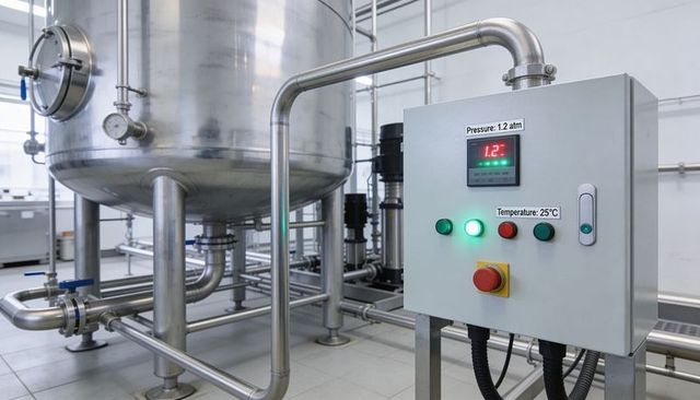 Processing plant control panel displaying pressure 1.2 atm with stainless tank and piping