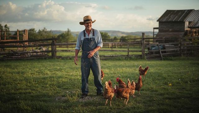 Farmer wearing straw hat feeding free range chickens in sunlit paddock at golden hour