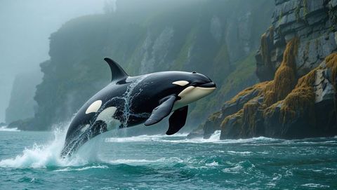 Orca breaching near cliffs in misty ocean environment