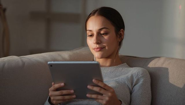Young woman relaxing on sofa using tablet with earbud in sunlit minimalist living room