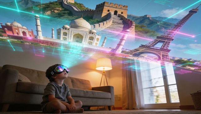 Child exploring virtual world wearing vr headset projecting eiffel tower taj mahal great wall