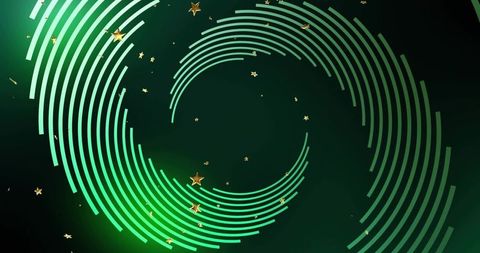 Emerald spiral vortex with gold star confetti, rotating rings and futuristic glow