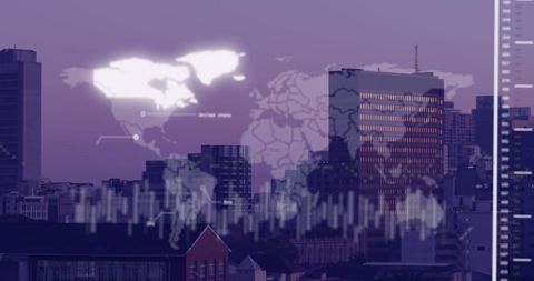 Digital world map overlay on urban cityscape at dusk