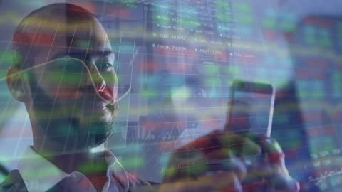 Businessman Using Smartphone with Digital Data Overlay