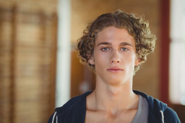 Teenage boy with curly hair standing in sports court with a serious expression. Ideal for use in educational materials, youth-focused campaigns, sports-related content, and articles about teenage life and determination.