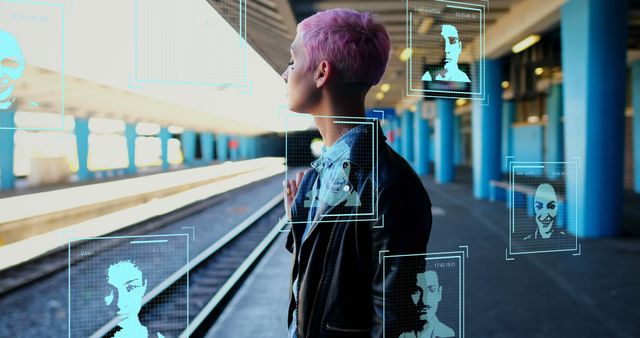 Young person with pink hair standing at subway station with digital panels showing facial recognition technology. Ideal for use in themes related to technology advancements, cybersecurity, privacy issues, urban transport, and artificial intelligence. Can be used in articles, presentations, and advertisements related to facial recognition technology and tech-savvy lifestyles in modern urban settings.