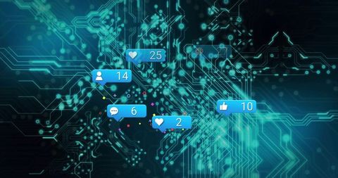 Neon social media notifications glowing over teal circuit network for digital engagement
