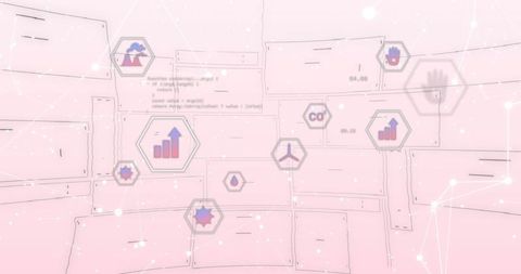 Futuristic data visualization with environmental icons on pastel pink background