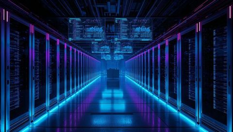 Futuristic data center aisle with led lights and code panels