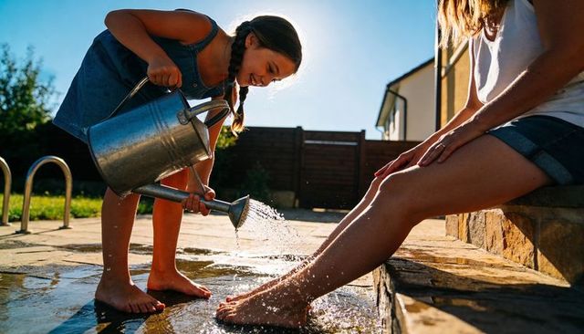 Young girl pouring water from watering can over mother's feet on sunlit backyard patio