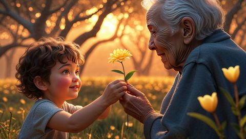 Grandchild and grandmother bonding at sunset, forgiveness theme