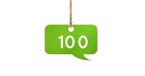 Hanging Green Speech Bubble with 100 on White Background