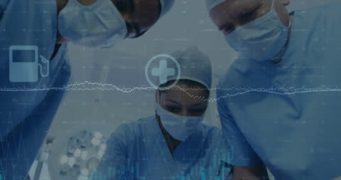 Medical Professionals in Surgery with Digital Data Overlay