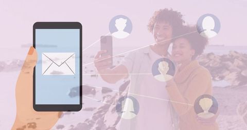 Couple Taking Selfie by Shoreline with Social Media Connectivity Icons