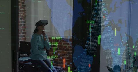 Businesswoman Exploring Financial Data with VR Technology
