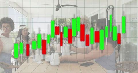 Friends Gathering in Sunroom Sharing Drinks, Devices and Candlestick Trading Chart Overlay