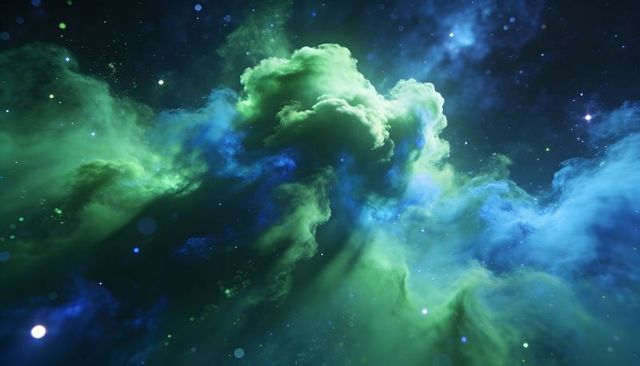 Glowing Emerald Nebula Cloud with Cyan Filaments and Volumetric Starfield Lighting for Sci-Fi
