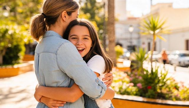 Mother hugging daughter on sunlit plaza with planter boxes, smiling child, warm urban neighborhood