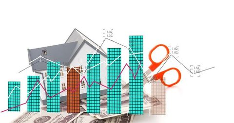 Housing market analytics with bar chart, trend line and scissors cutting mortgage costs