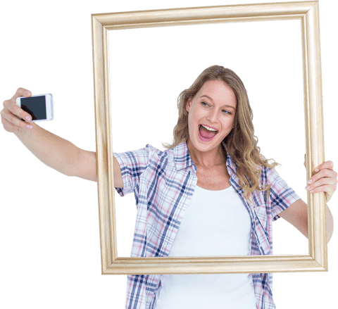 Transparent concept: woman taking selfie through picture frame
