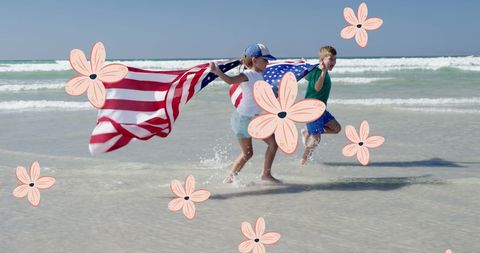 Children Holding USA Flags on Beach with Nature Overlay - Download Free Stock Images Pikwizard.com