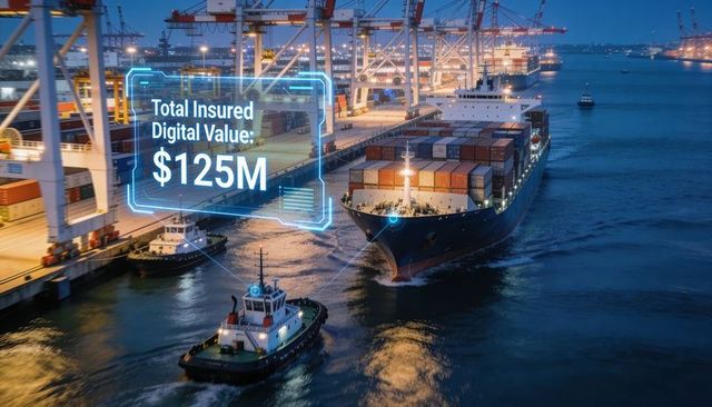 Container ship approaching port at night with tugboats and $125m digital insured value